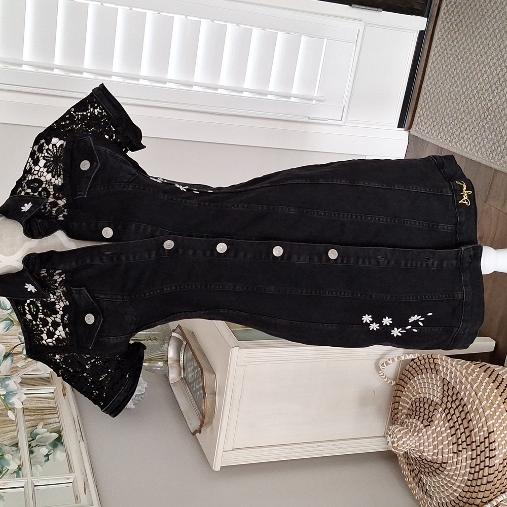 Desigual Black Denim Mini Dress with White Floral Embroidery